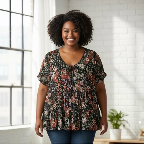 TORRID 00 0X XL Red Pink Floral Challis Empire Top R $46 - Picture 1 of 10